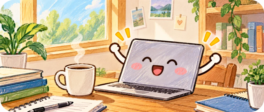 Illustration of a cheerful laptop in a study space