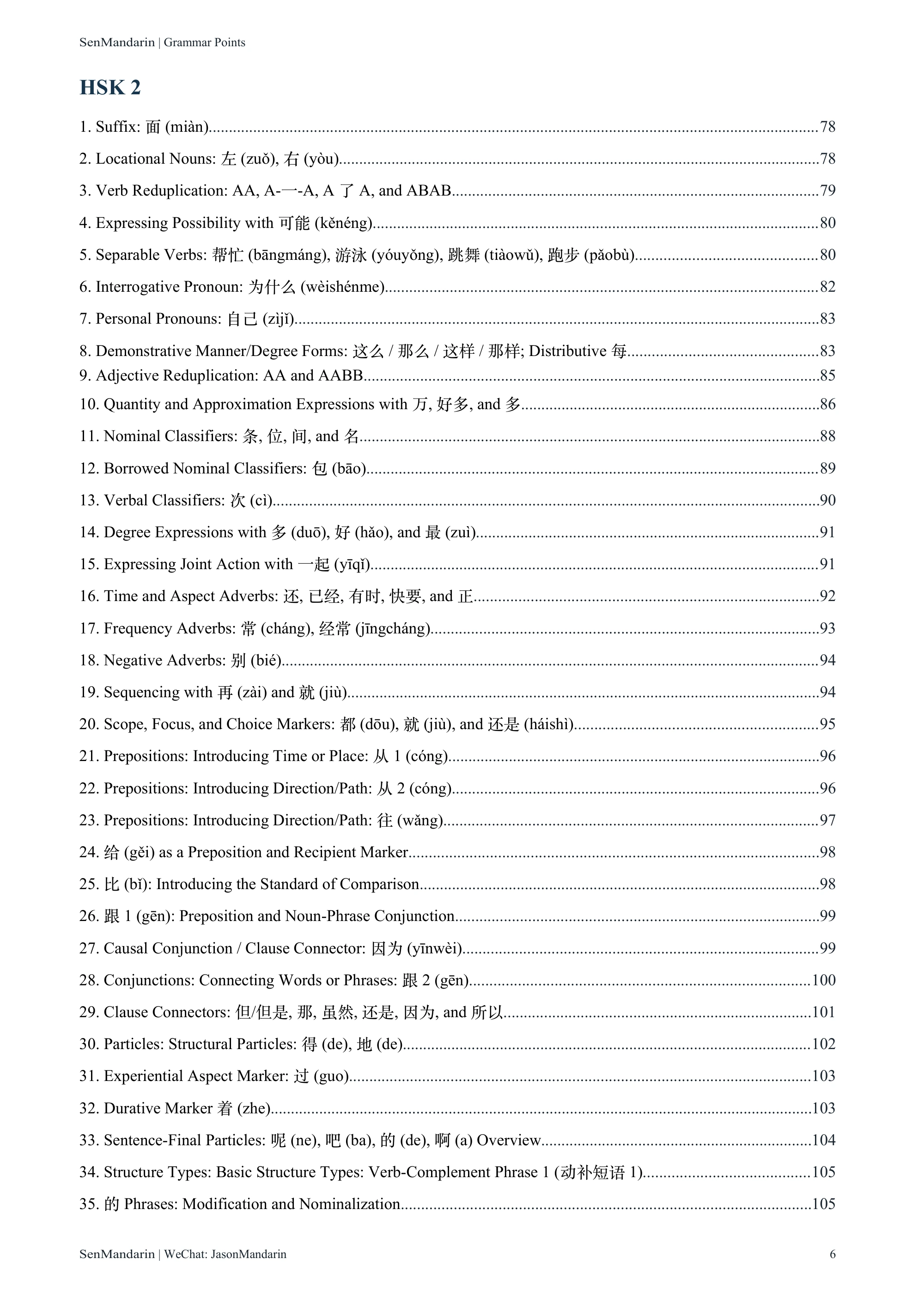 New HSK 1-9 Grammar Points: original table of contents 3, PDF page 6