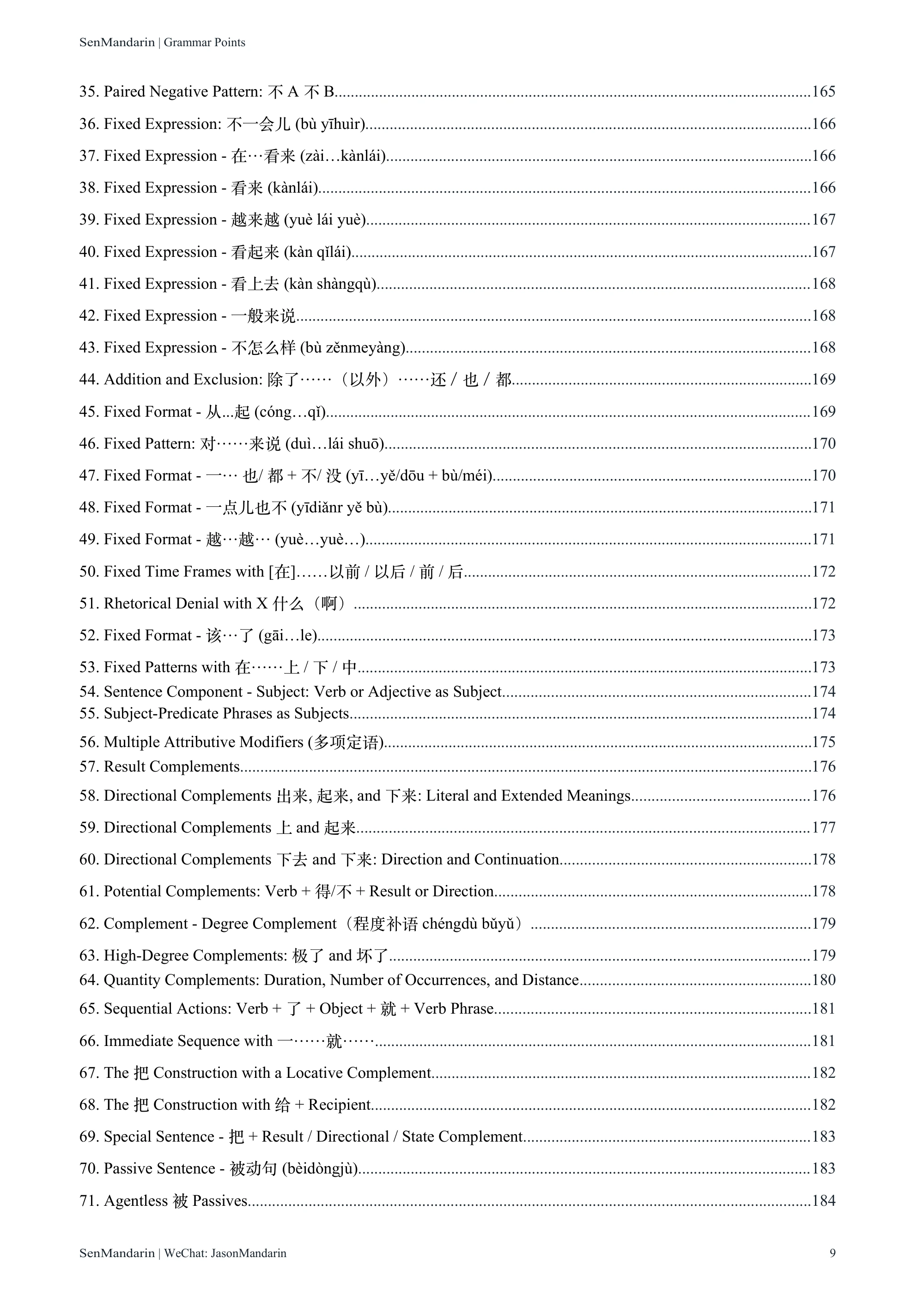 New HSK 1-9 Grammar Points: original table of contents 6, PDF page 9