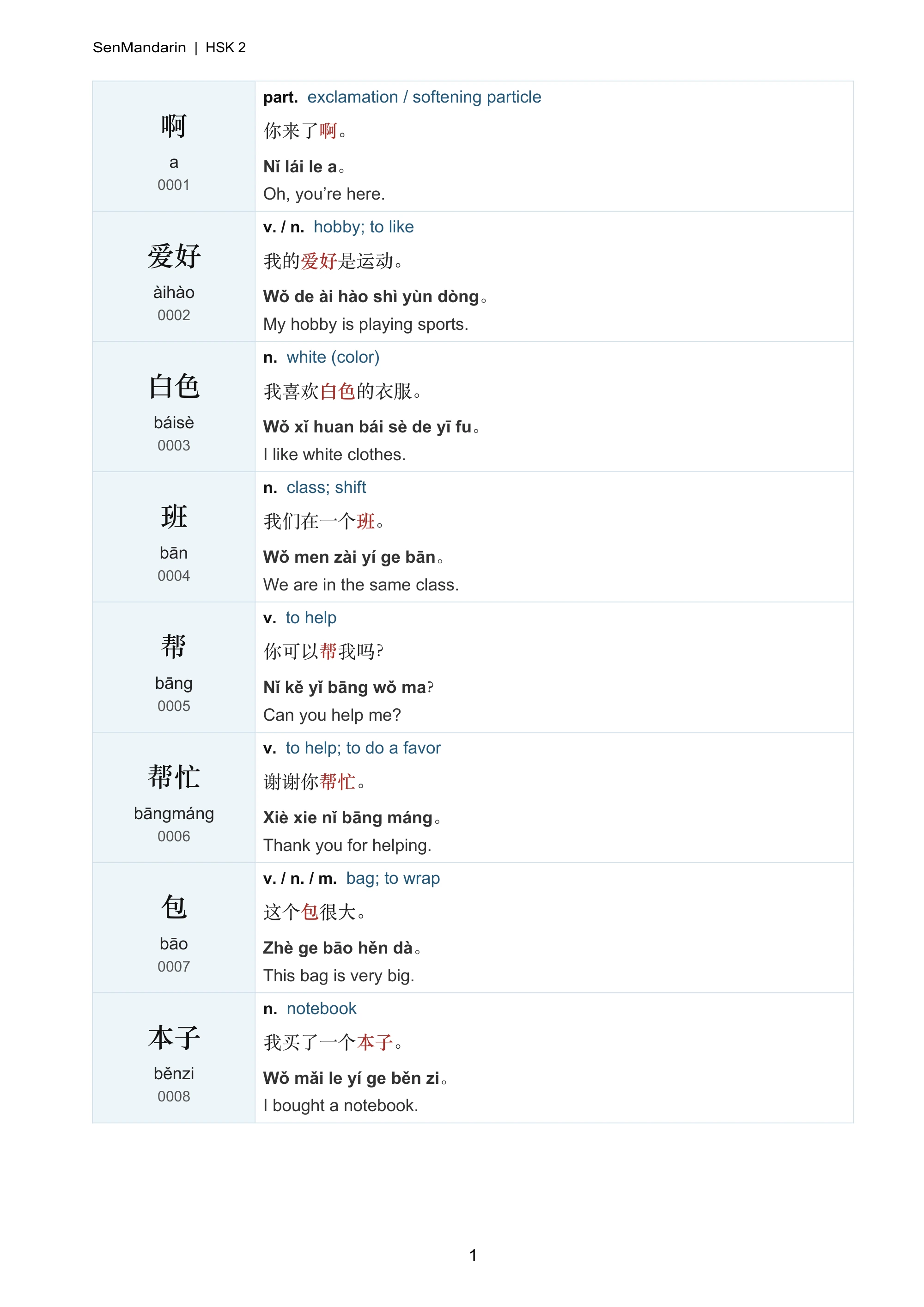 New HSK 2 Vocabulary & Example Sentences: selected sample page 1, PDF page 2