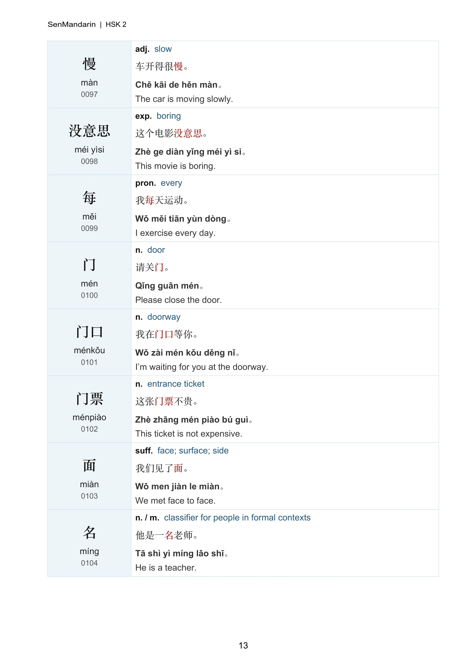 New HSK 2 Vocabulary & Example Sentences: selected sample page 2, PDF page 14