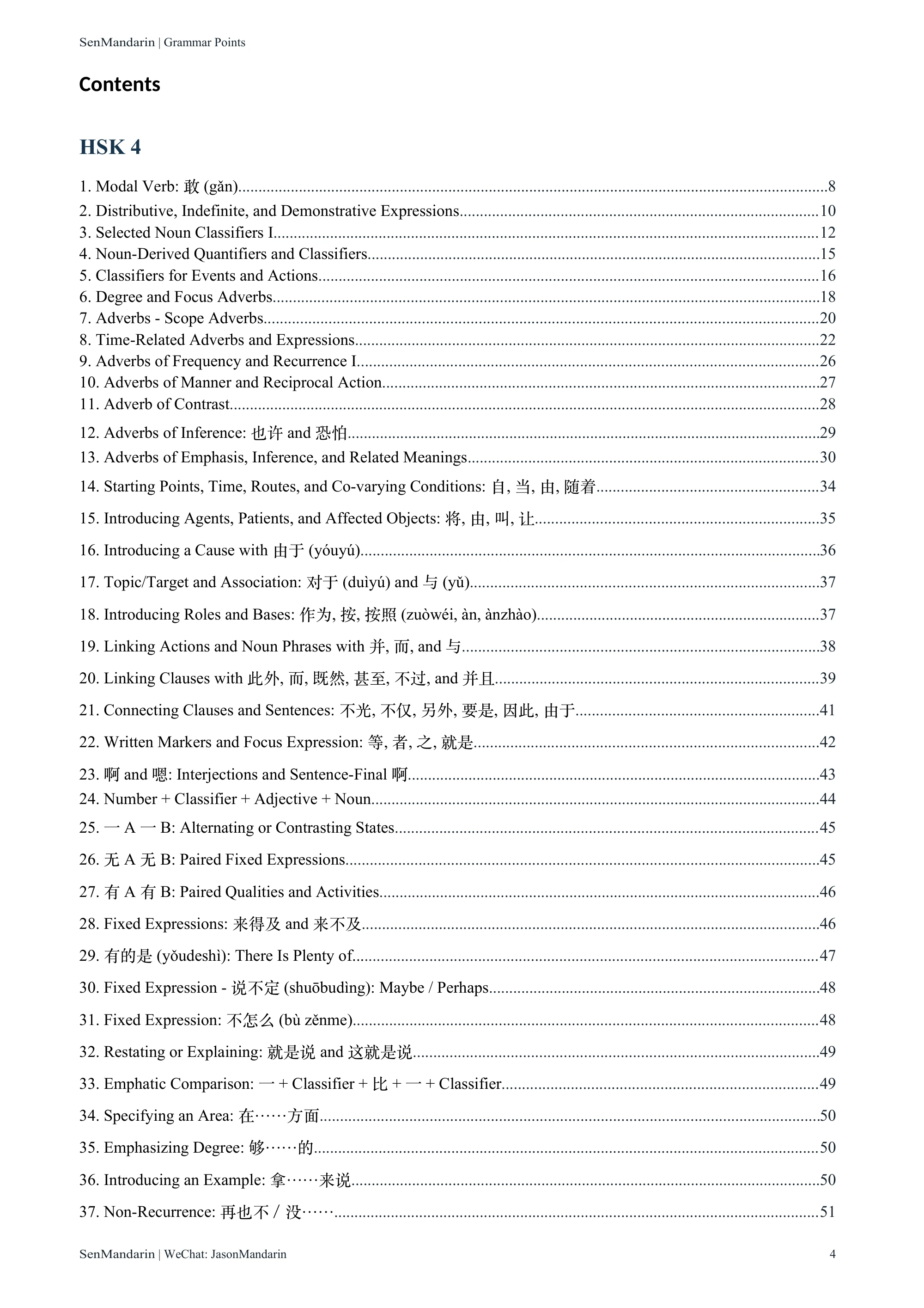 New HSK 4 Grammar Points: original table of contents 1, PDF page 4