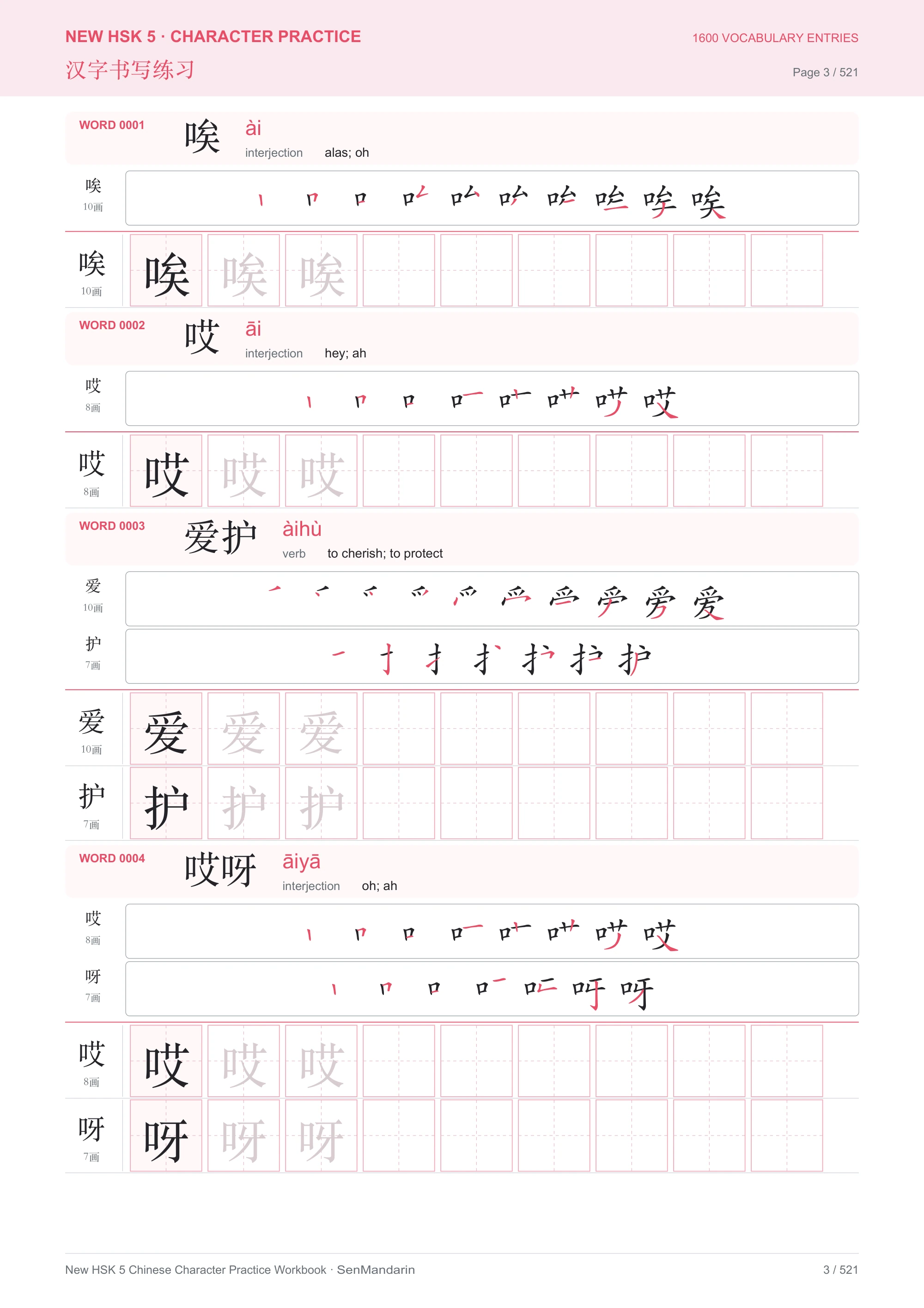 New HSK 5 Chinese Character Workbook: selected sample page 1, PDF page 3