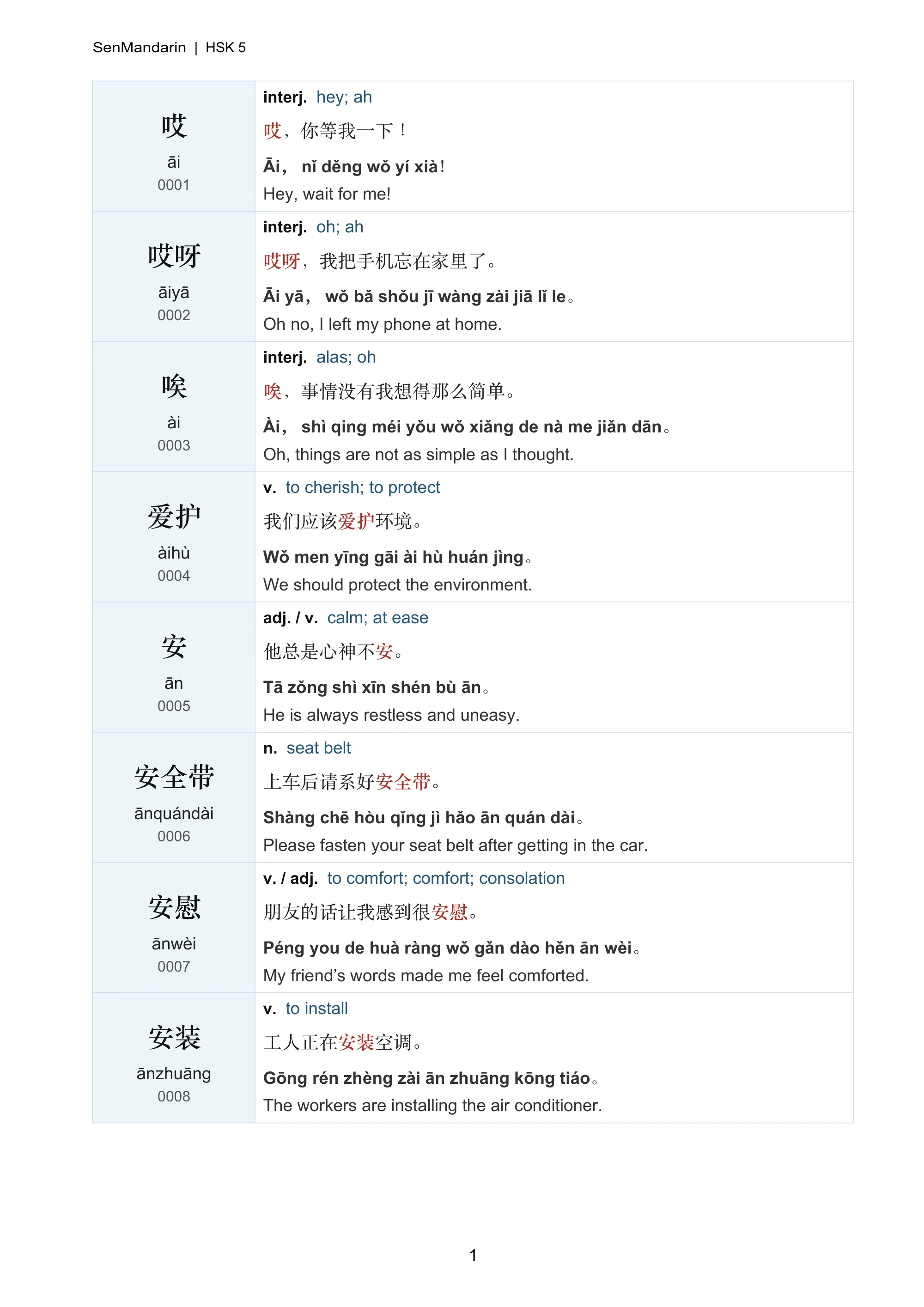New HSK 5 Vocabulary & Example Sentences: selected sample page 1, PDF page 2