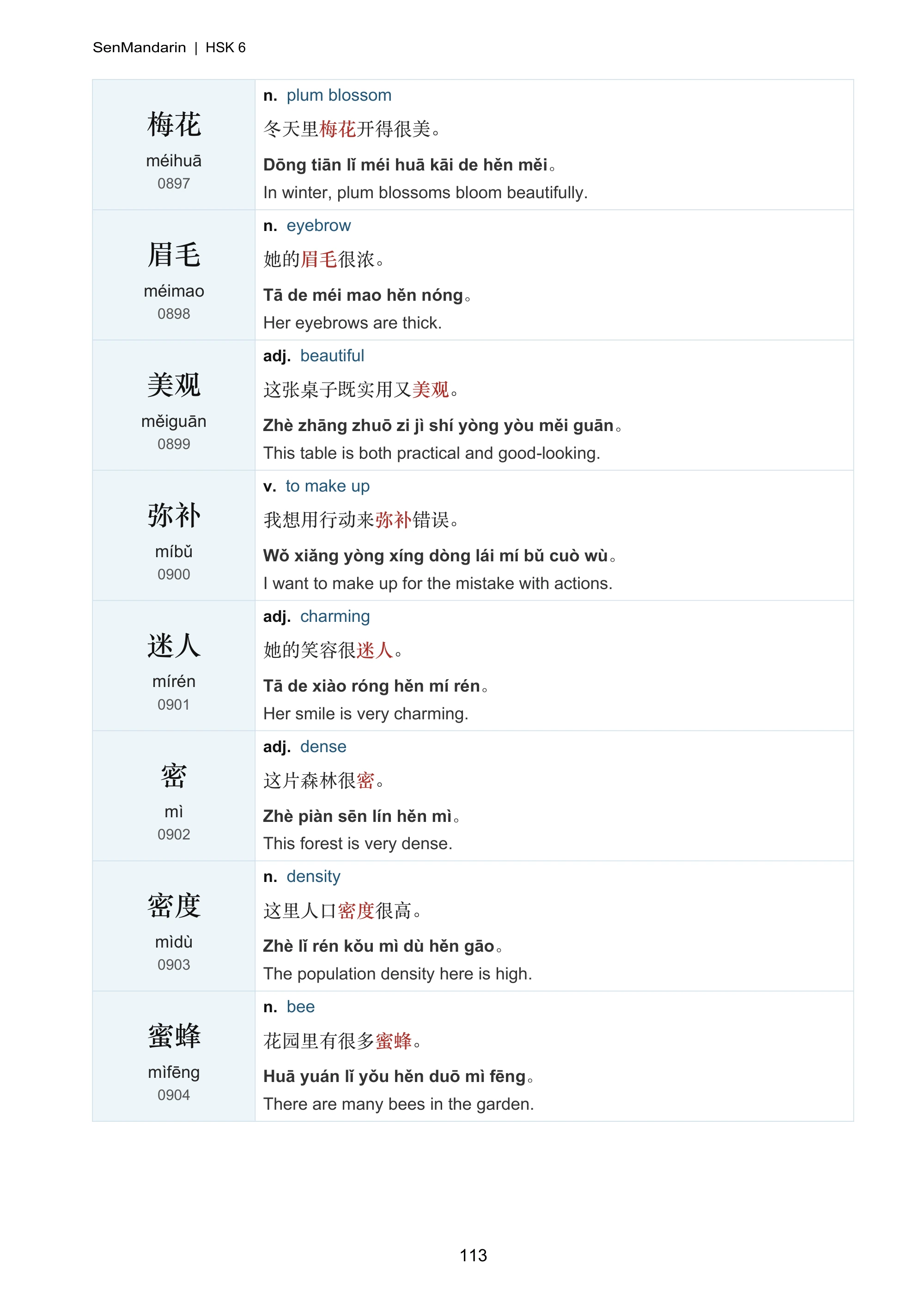 New HSK 6 Vocabulary & Example Sentences: selected sample page 2, PDF page 114